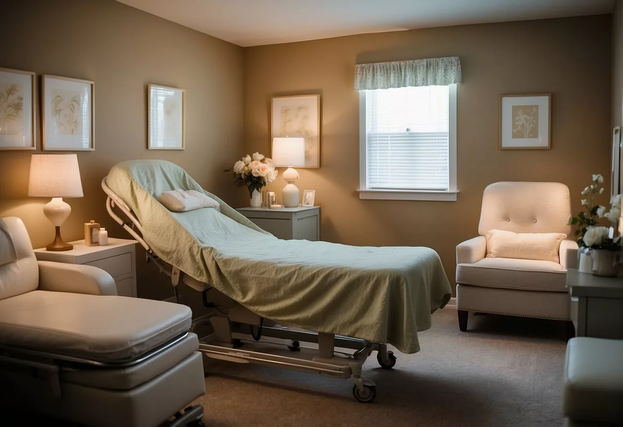 A serene birthing room with soft lighting, comfortable furniture, and calming decor. A midwife and support team assist the mother in a peaceful and empowering environment