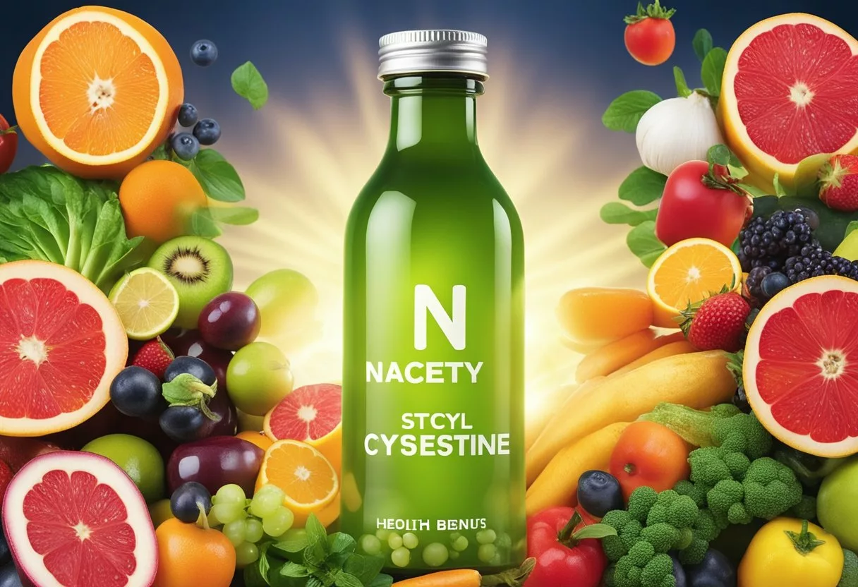 A bottle of n-acetyl cysteine surrounded by various fruits and vegetables, with a glowing aura to represent its additional health benefits