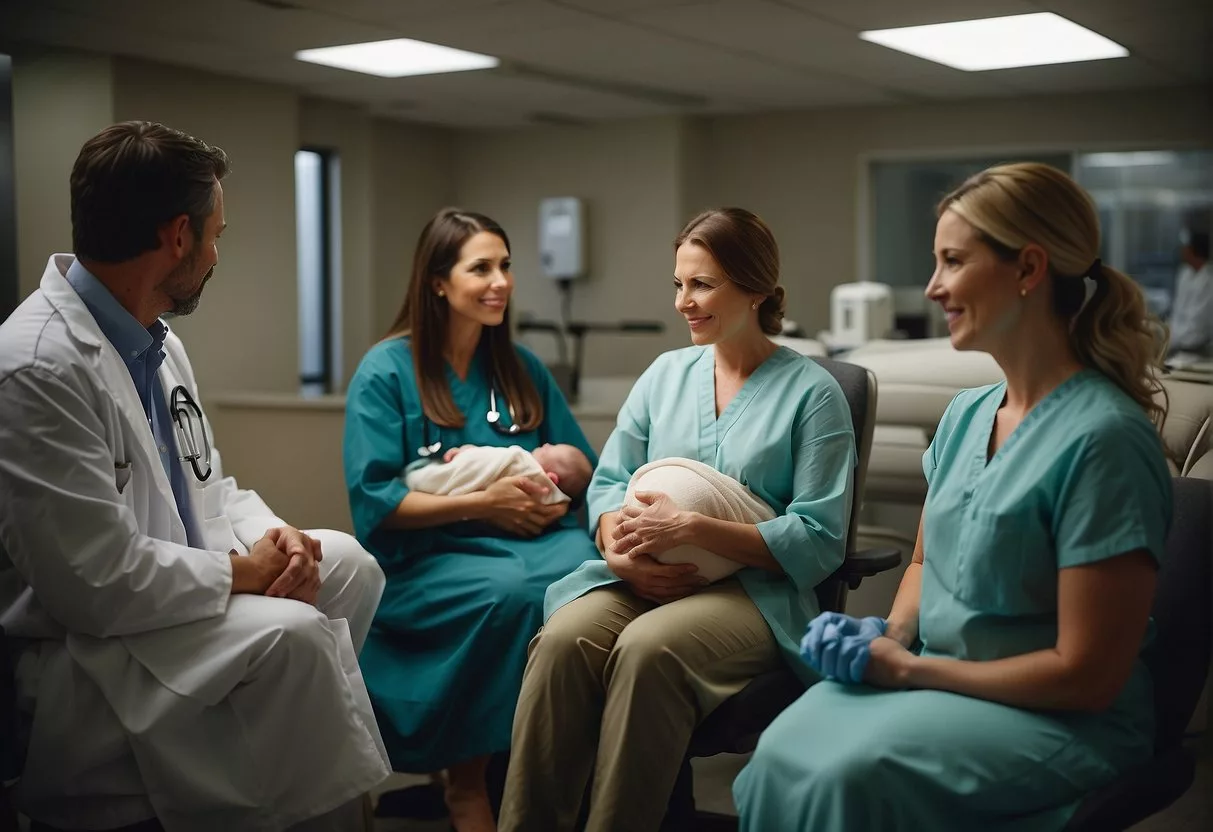 A serene mother-to-be surrounded by supportive family and medical professionals, eagerly awaiting the arrival of her newborn
