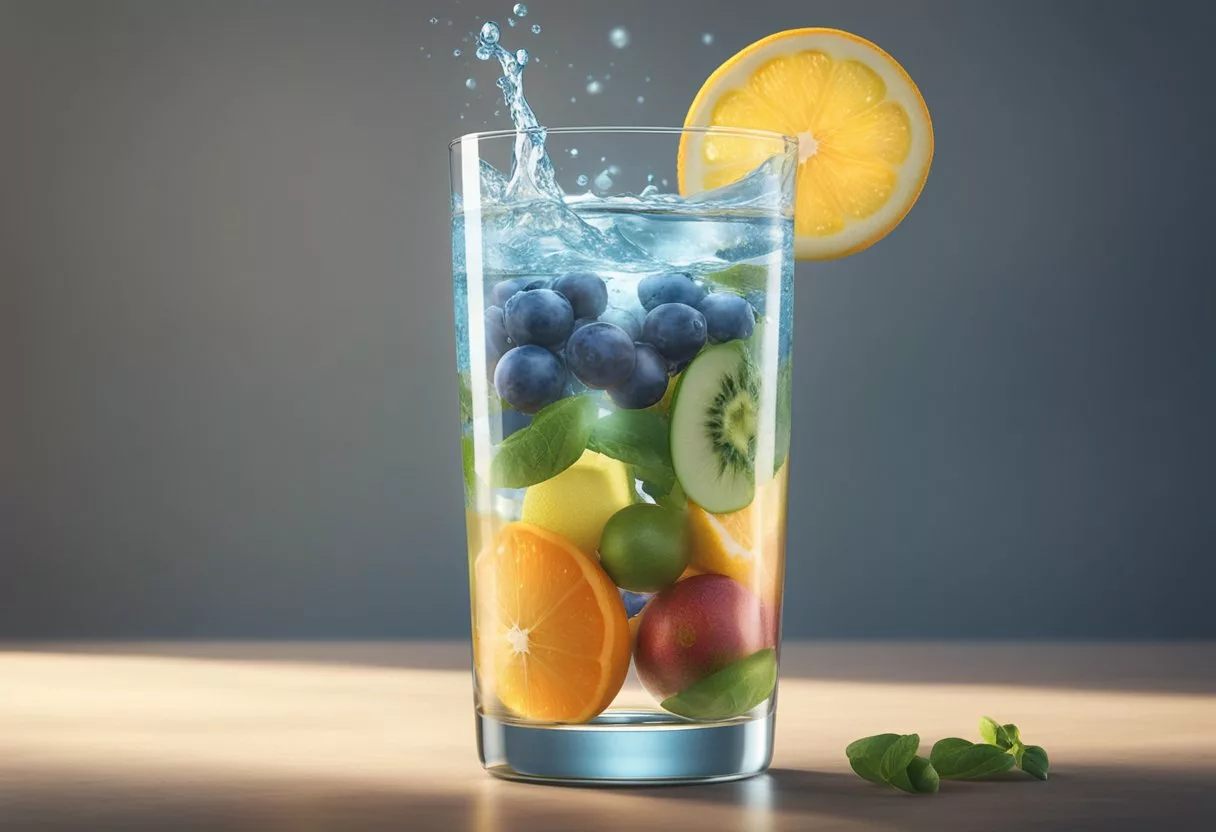 A glass of alkaline water surrounded by fresh fruits and vegetables, with a glowing, healthy aura emanating from it