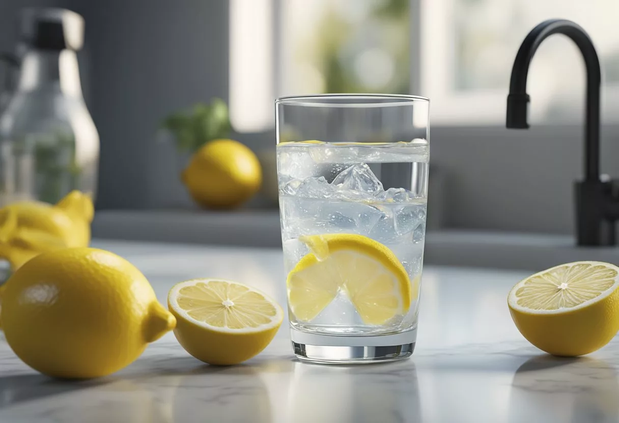 A glass of alkaline water sits on a clean, white countertop. A slice of lemon floats in the water, adding a pop of color to the scene