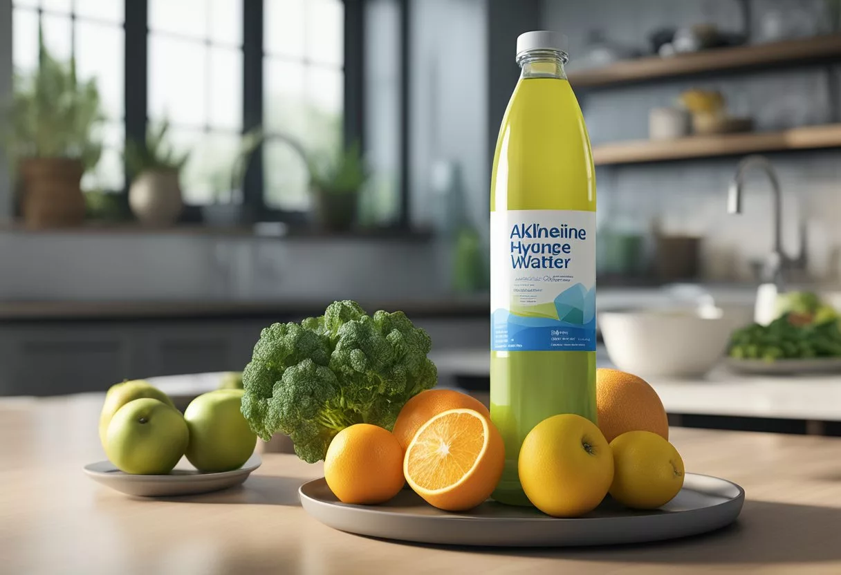 A bottle of alkaline water sits next to a plate of fruits and vegetables. The label on the bottle lists the benefits and potential side effects of alkaline water