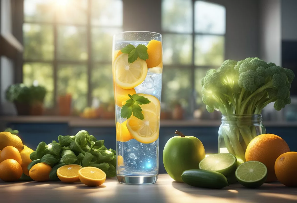 A glass of alkaline water surrounded by fresh fruits and vegetables. A glowing halo of light shines around the glass, symbolizing the potential health benefits of alkaline water