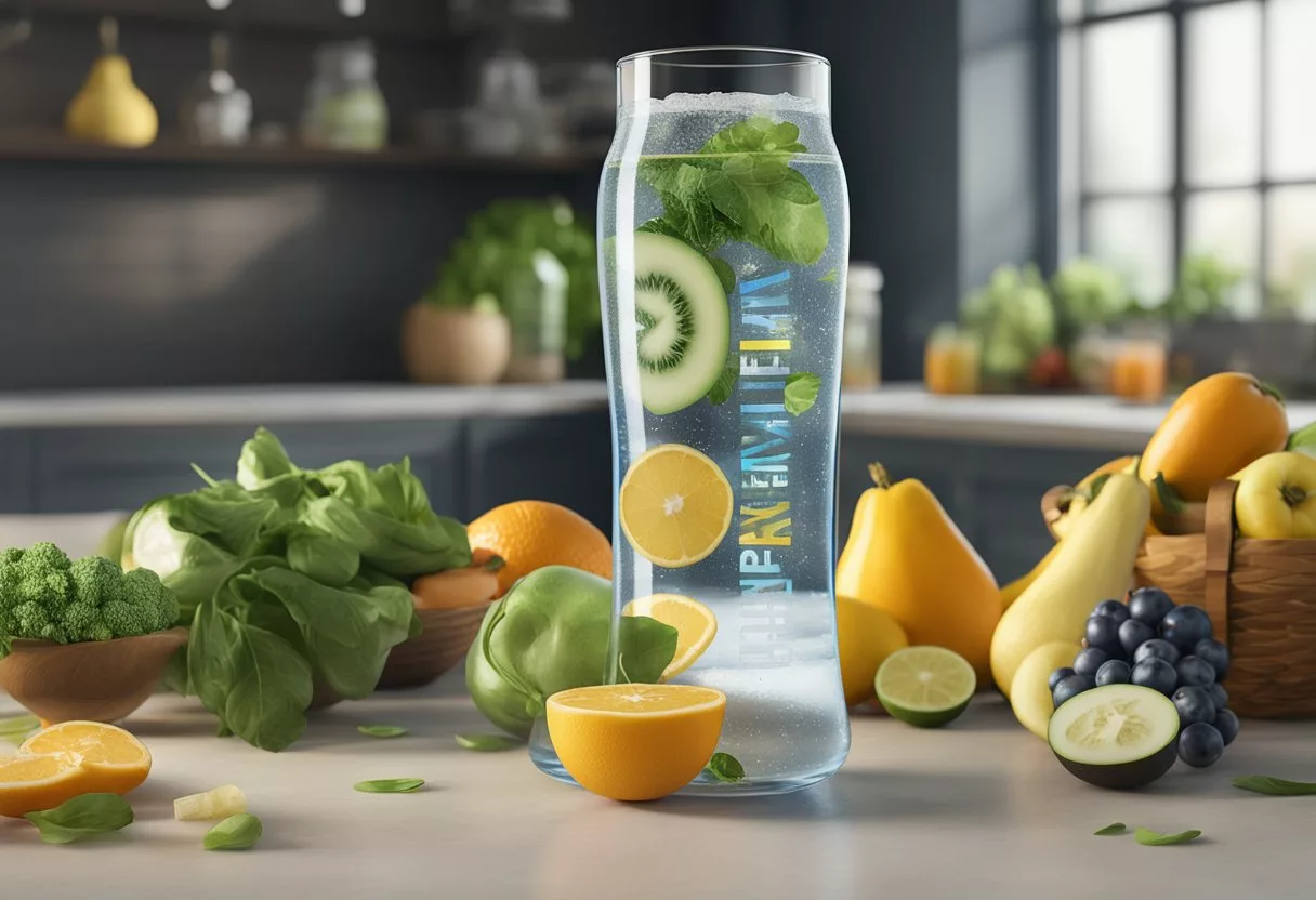A clear glass filled with alkaline water surrounded by fresh fruits and vegetables, with a label listing the benefits and side effects of drinking alkaline water