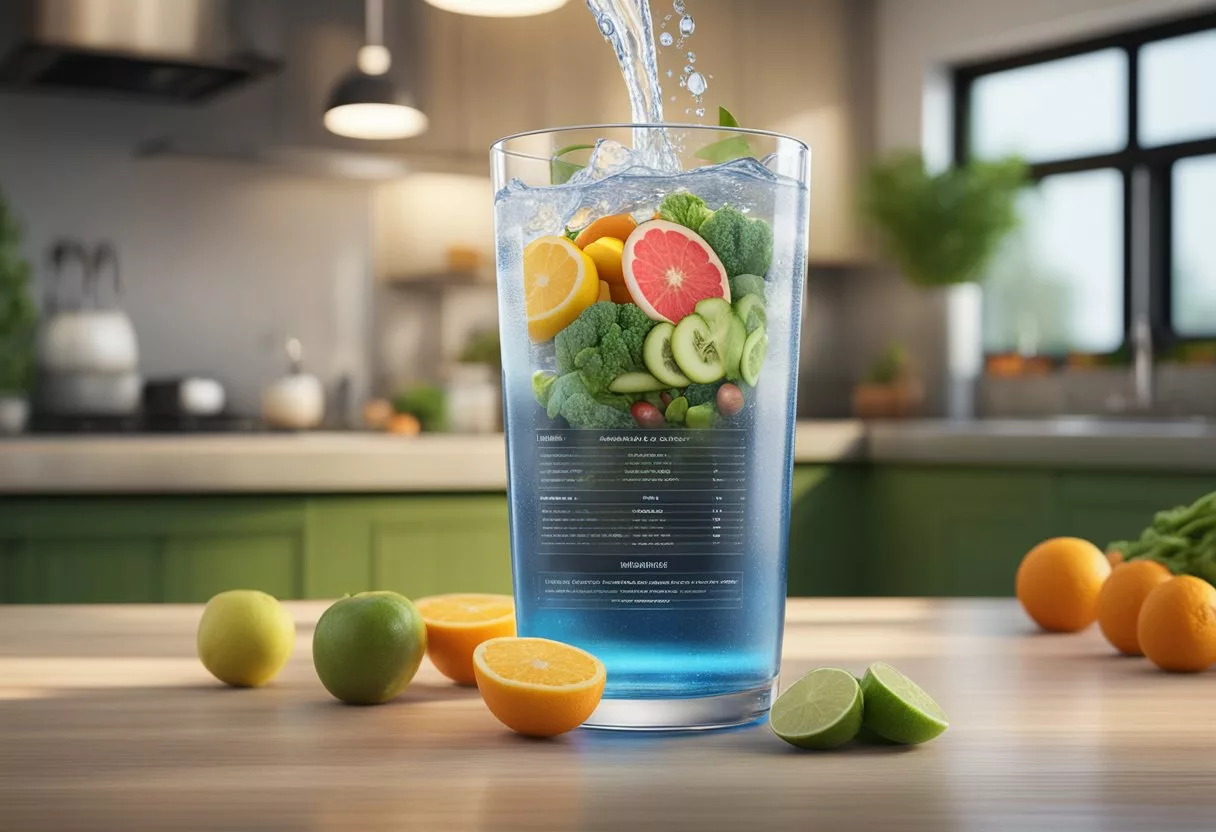 A glass of alkaline water surrounded by fruits and vegetables, with a list of benefits and side effects written in bold letters