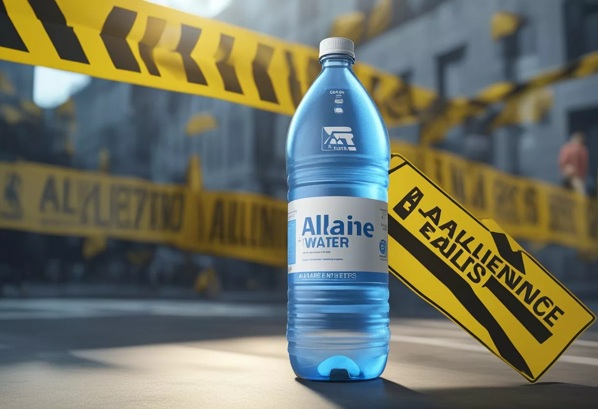 A bottle of alkaline water surrounded by warning signs and caution tape. A list of potential risks and side effects displayed prominently
