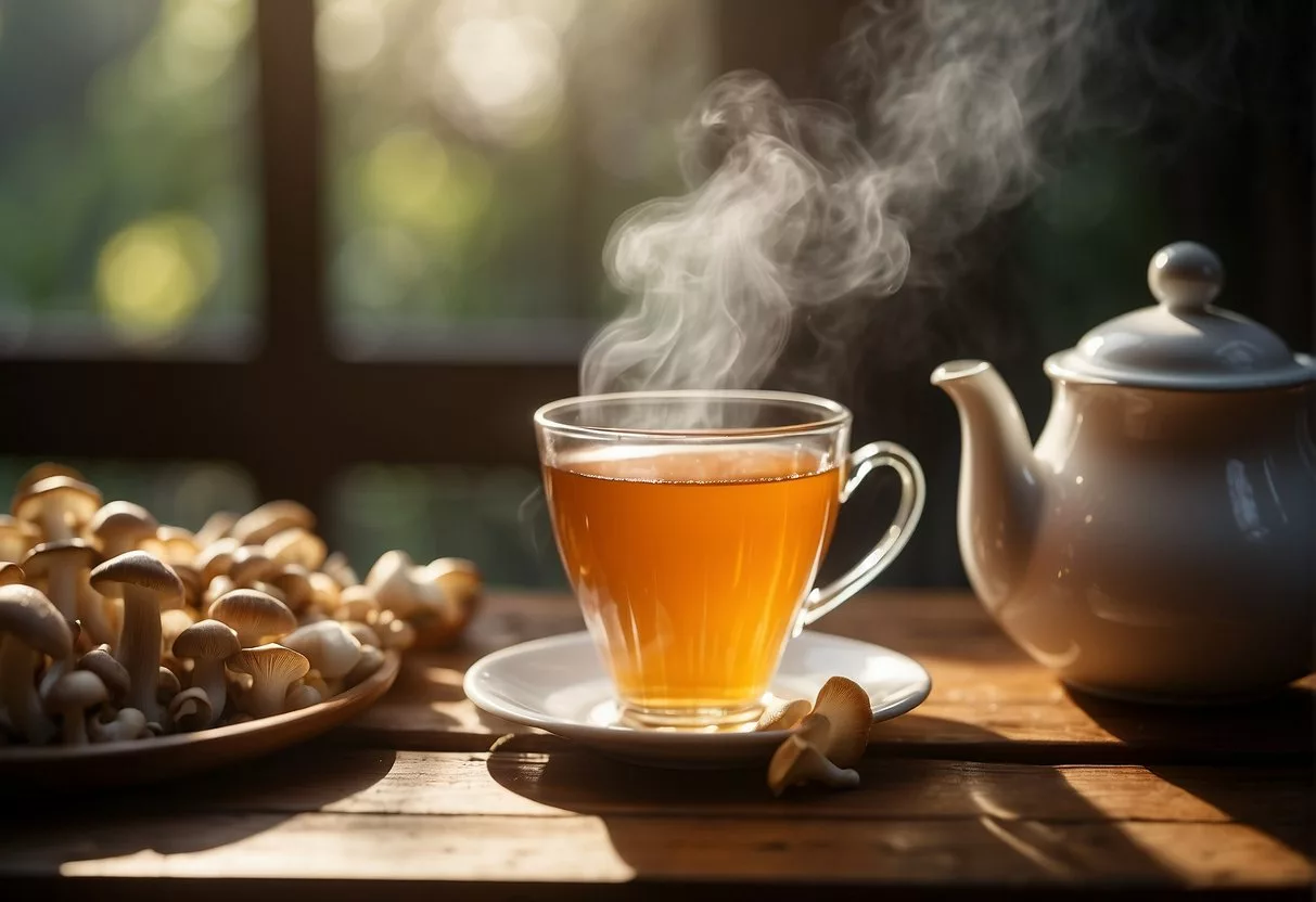 A steaming cup of mushroom tea sits on a wooden table, surrounded by fresh mushrooms and a teapot. Rays of sunlight filter through the window, casting a warm glow on the scene