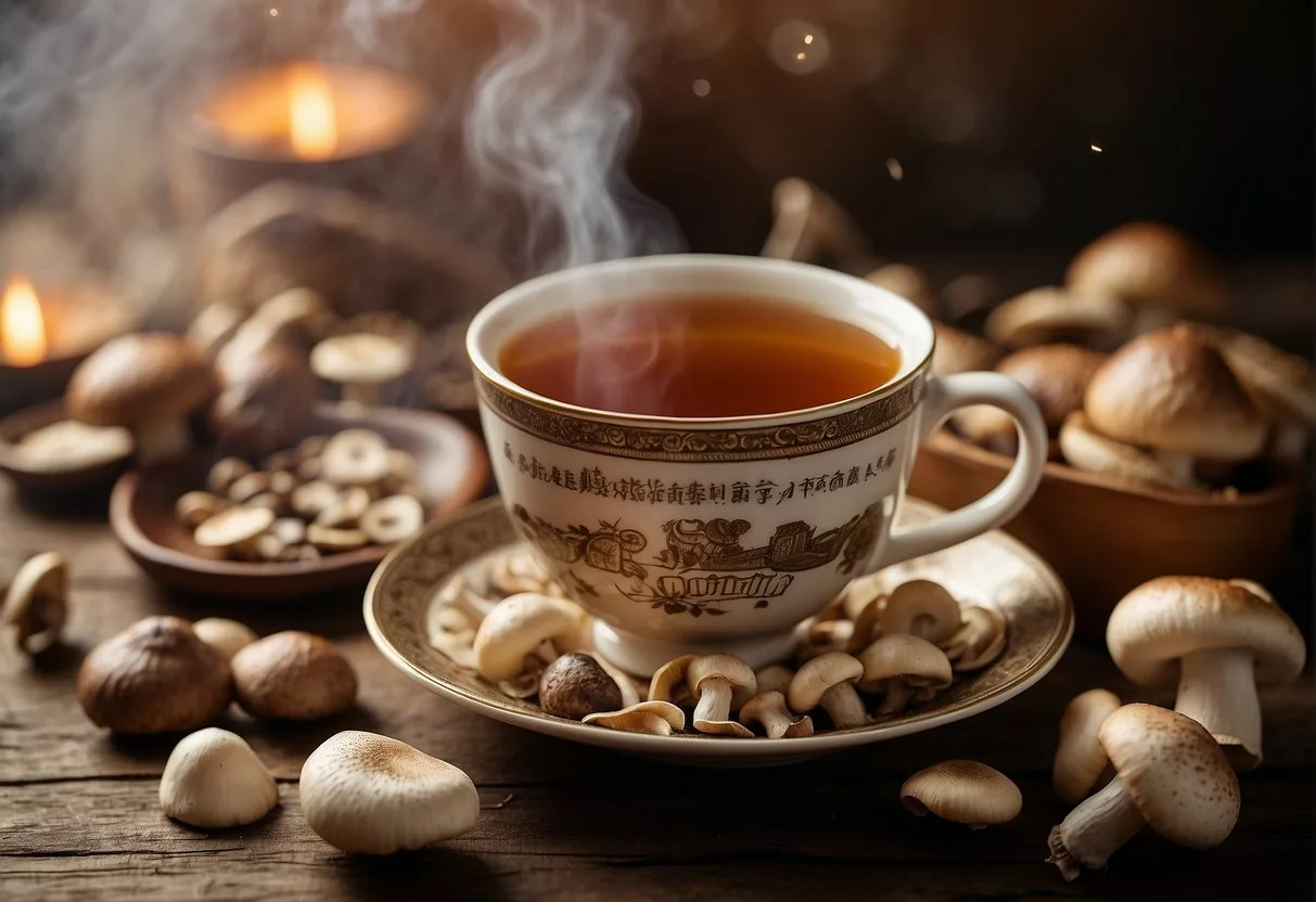 A steaming cup of mushroom tea surrounded by various types of mushrooms, with a list of benefits and potential side effects written in elegant script beside it