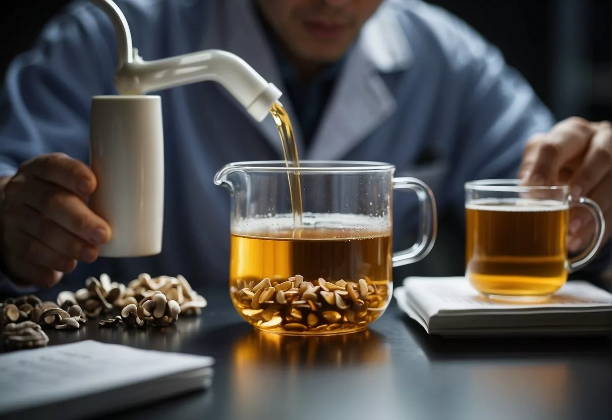 A scientist pours mushroom tea into a beaker, surrounded by research papers and equipment. The benefits and side effects are being studied