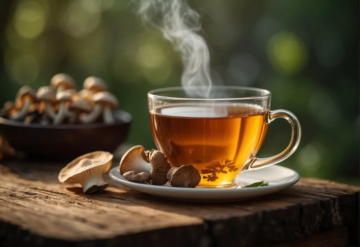 A steaming cup of mushroom tea sits on a wooden table, surrounded by vibrant mushrooms and foliage. The warm, earthy aroma wafts through the air, inviting relaxation and wellness