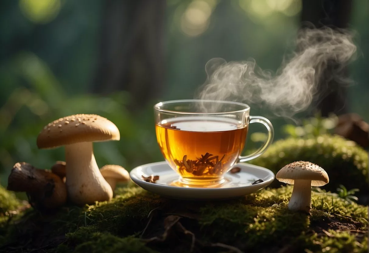 A steaming cup of mushroom tea surrounded by fresh mushrooms and a calming natural backdrop