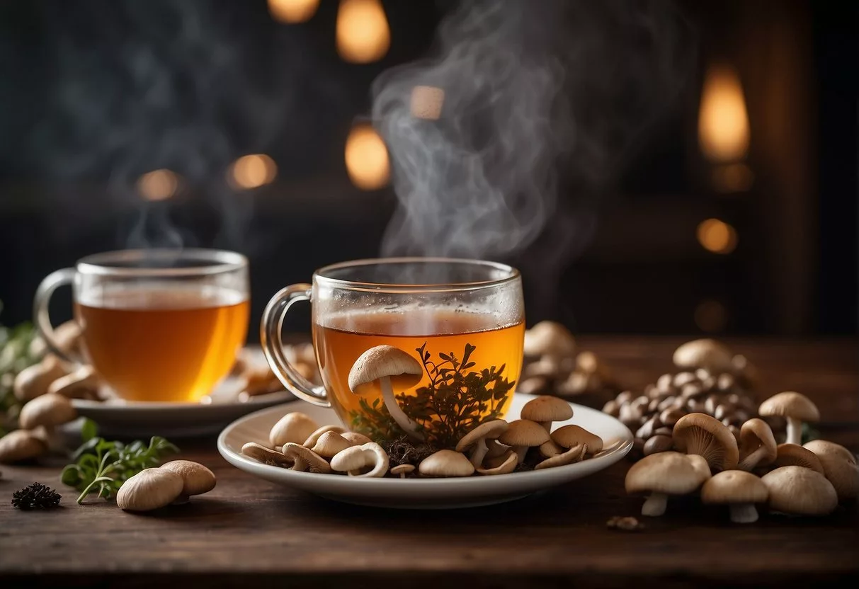 A steaming cup of mushroom tea surrounded by a variety of mushrooms, with a list of benefits and side effects displayed in the background