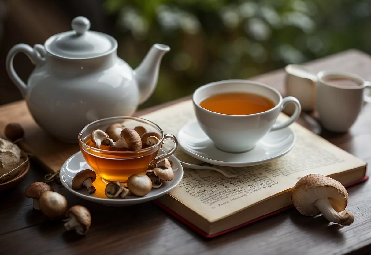 A table with various mushrooms, a teapot, and a cup. A book open to a page titled "Preparation and Usage Guidelines mushroom tea benefits and side effects" is placed next to the teapot