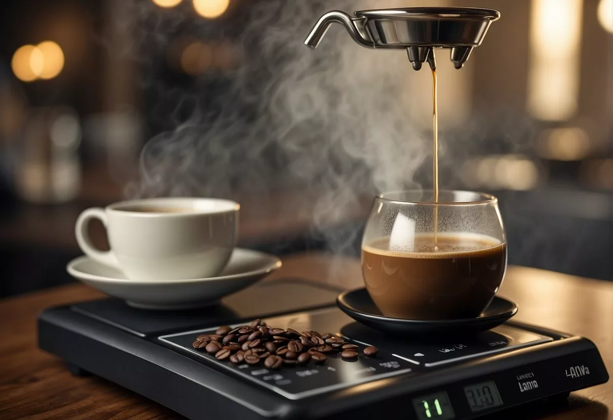 A steaming cup of coffee sits on a scale, the numbers dropping as the coffee is poured out, representing weight loss with the word "java" in the background