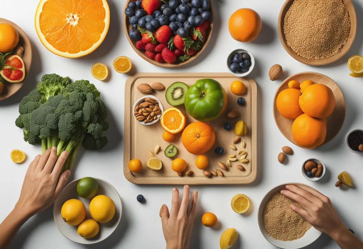 A table with colorful fruits, vegetables, and whole grains, surrounded by anti-inflammatory foods like fish, nuts, and olive oil. A nutritionist's hand reaches for a vibrant orange, symbolizing the power of diet in managing vasculitis