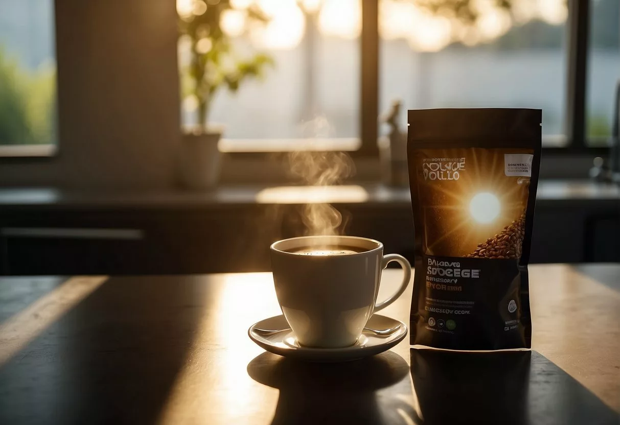 A steaming cup of coffee sits next to a bottle of weight loss supplements on a sleek, modern kitchen counter. Rays of sunlight filter through the window, casting a warm glow on the scene