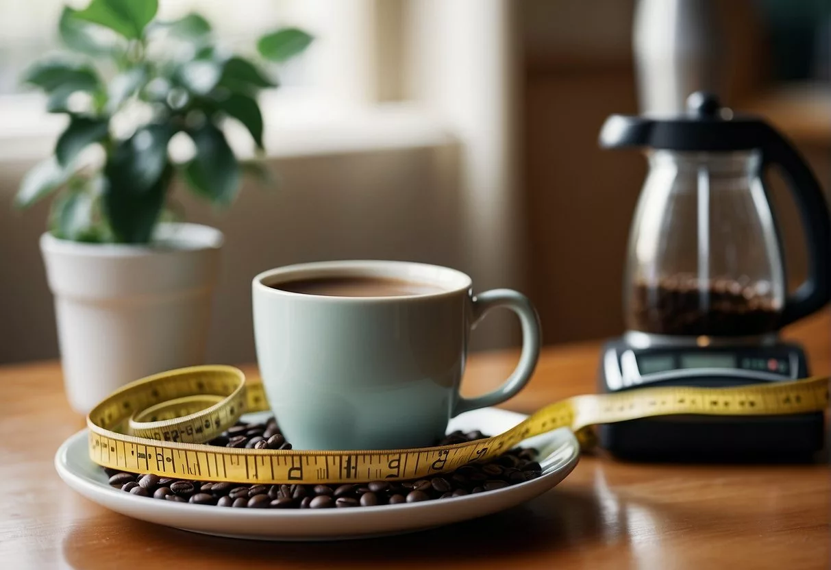 A cup of coffee sits next to a scale and a tape measure, symbolizing the connection between java consumption and weight loss