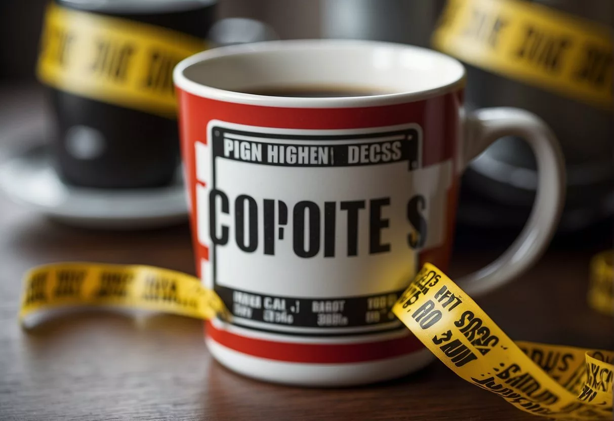 A coffee cup with a weight loss label, surrounded by warning signs and caution tape