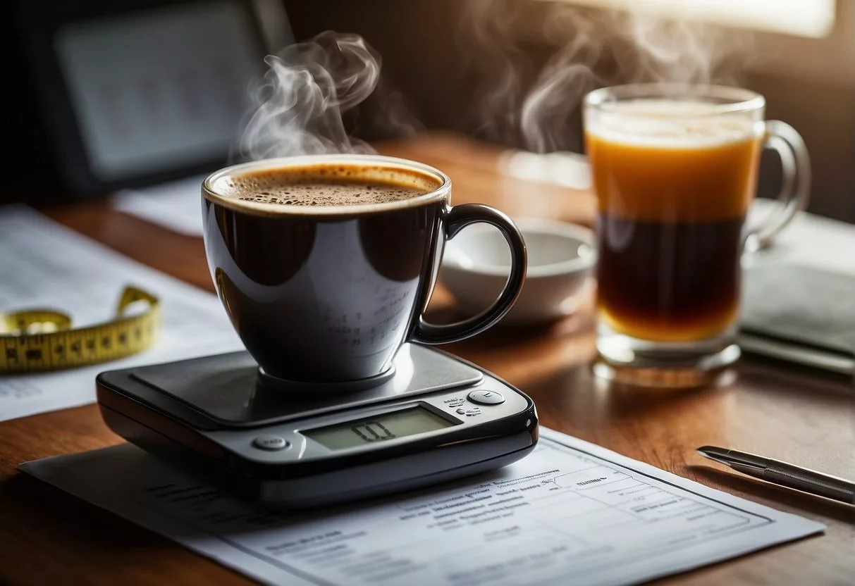 A steaming cup of coffee sits next to a scale and a tape measure, surrounded by scientific charts and graphs on metabolism and weight management