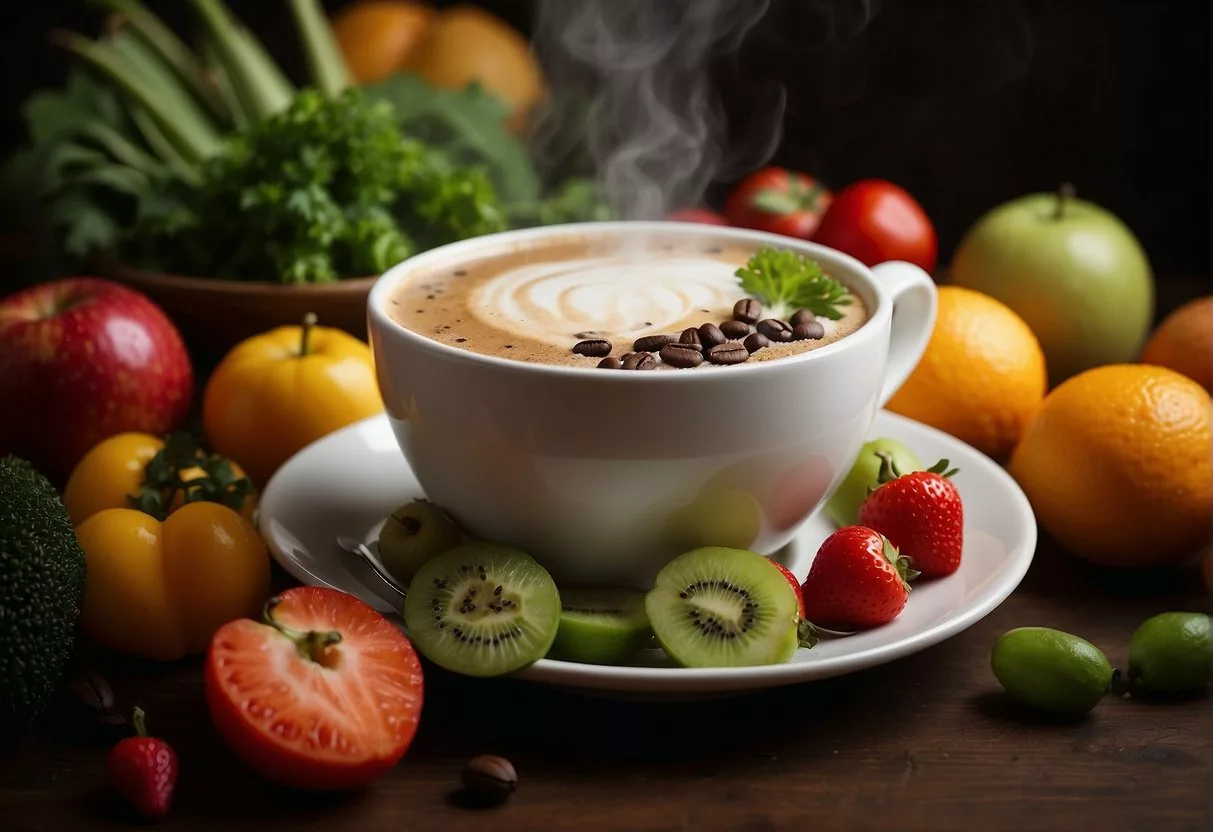 A steaming cup of coffee surrounded by various fruits and vegetables, with a tape measure wrapped around it