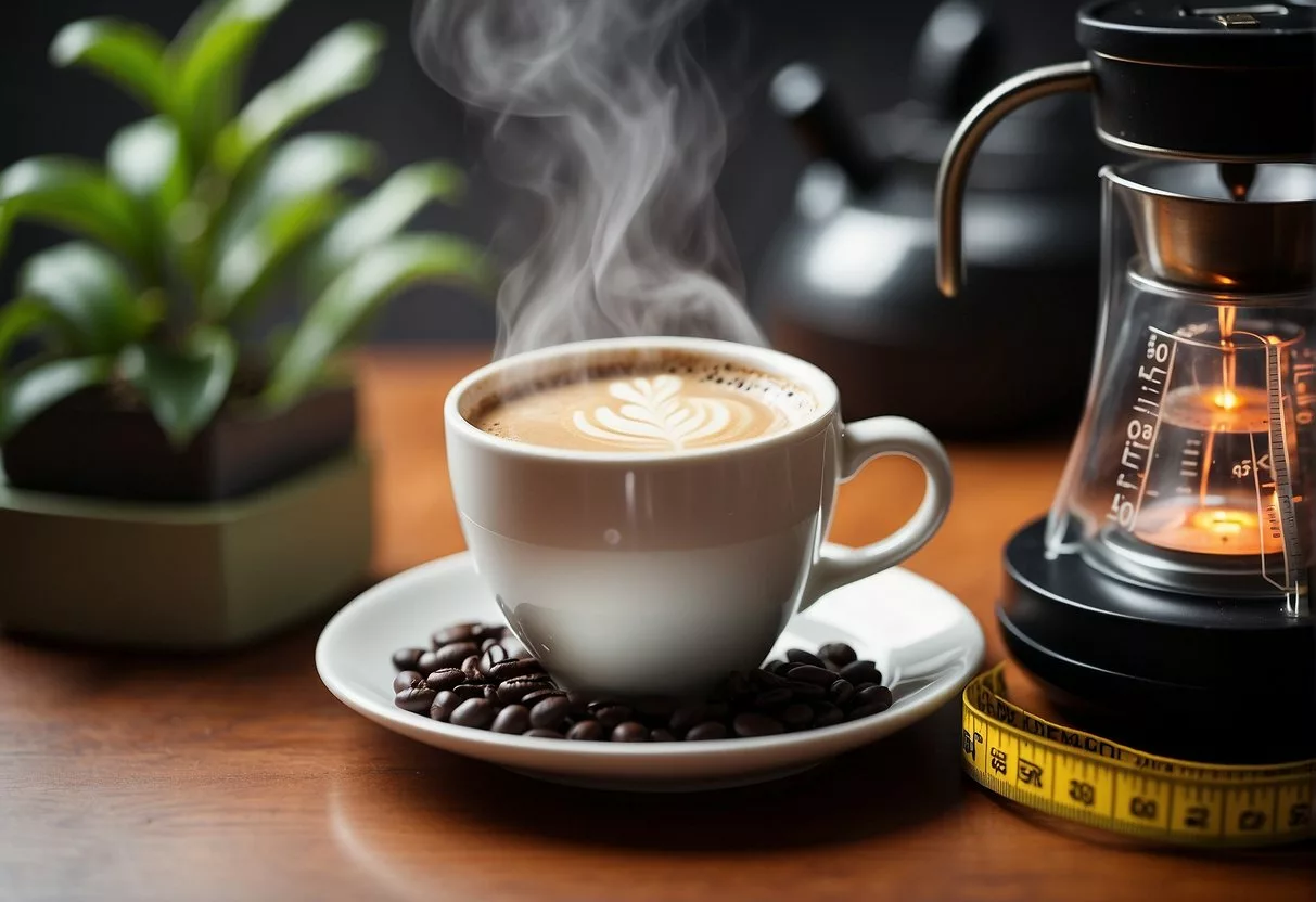 A steaming cup of coffee sits next to a measuring tape and a scale, symbolizing the role of java in weight loss