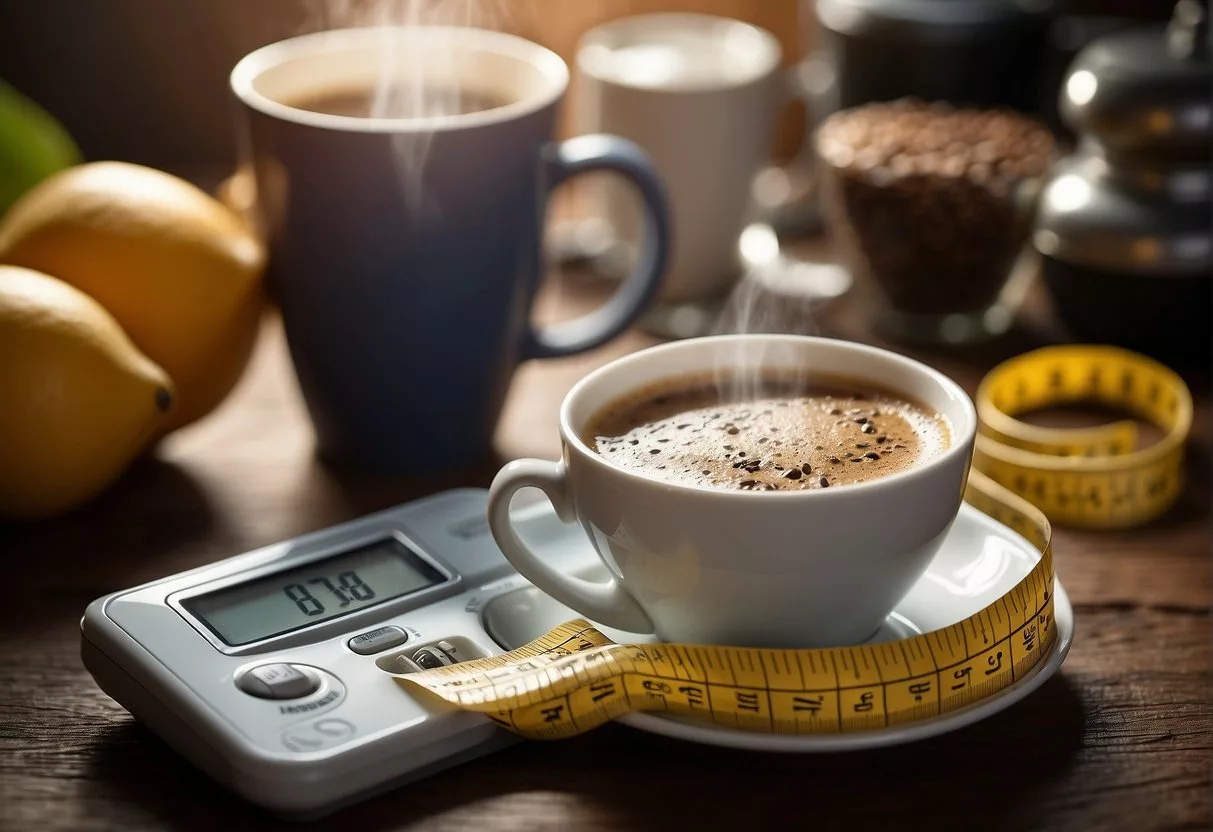 A steaming cup of weight loss coffee sits on a table, surrounded by a tape measure and a scale. The packaging features bold lettering and images of slim figures