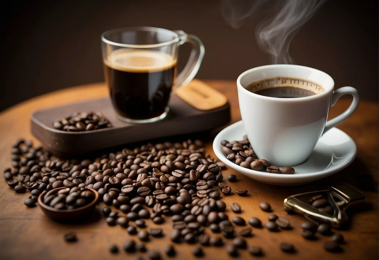 A steaming cup of coffee sits next to a scale, surrounded by fresh coffee beans and a tape measure. The words "weight loss" and "java" are written in bold letters