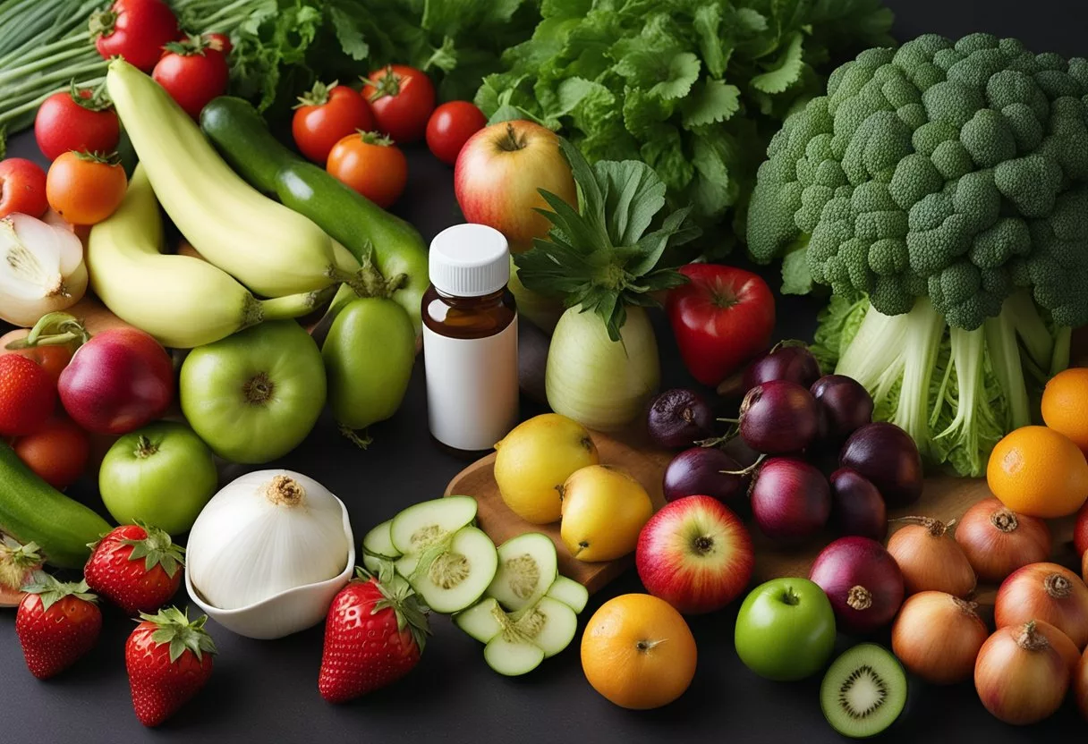 A colorful array of fruits and vegetables, including strawberries, apples, and onions, are arranged on a table. A bottle of supplements labeled "fisetin" sits among the produce