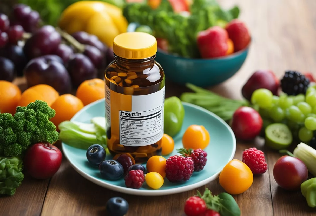 A bottle of fisetin supplements sits next to a plate of colorful fruits and vegetables, highlighting its potential benefits and side effects
