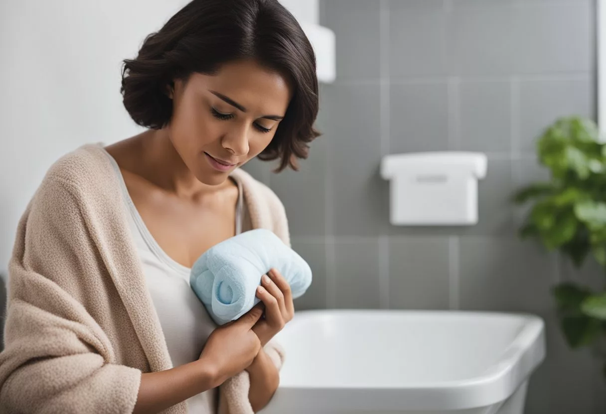 A person experiencing discomfort, clutching their stomach, with a pained expression. Items like a heating pad, peppermint tea, and a bathroom are nearby