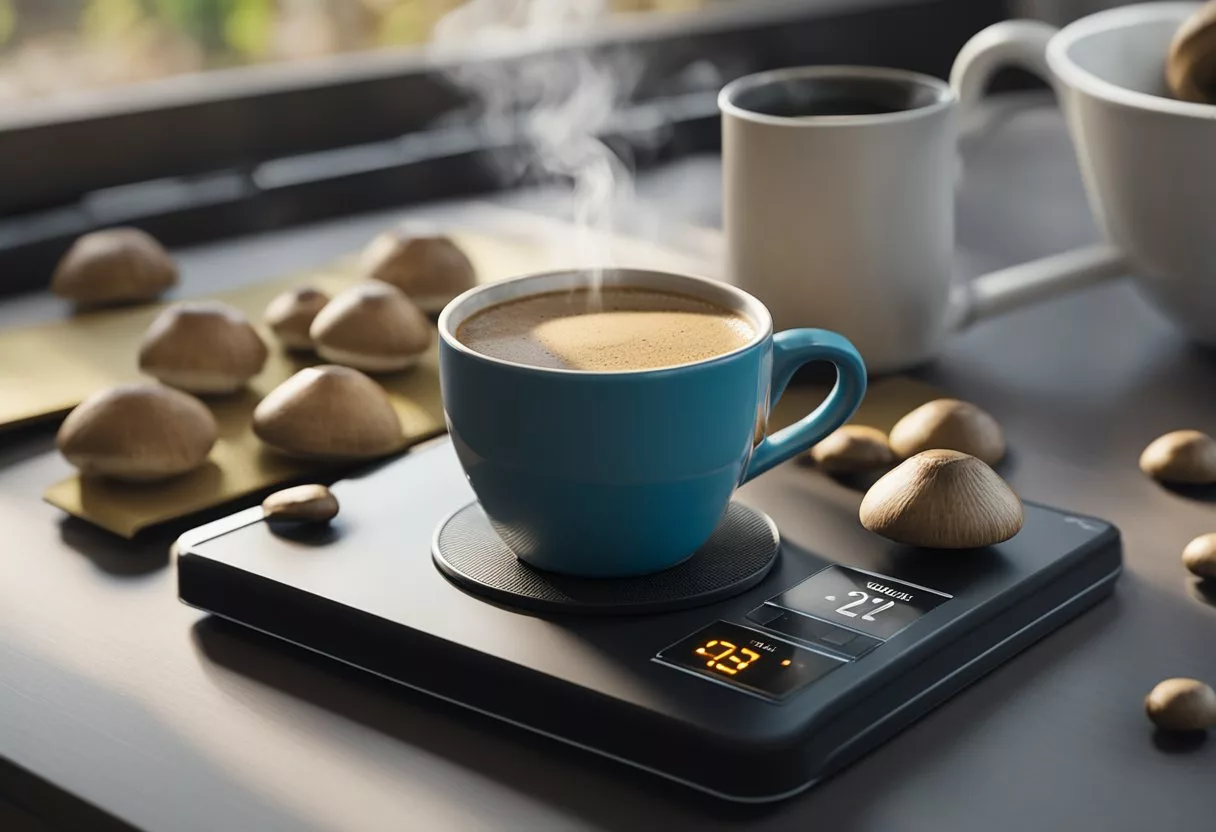 A steaming cup of mushroom coffee sits on a scale next to a measuring tape, surrounded by fresh mushrooms and a workout mat