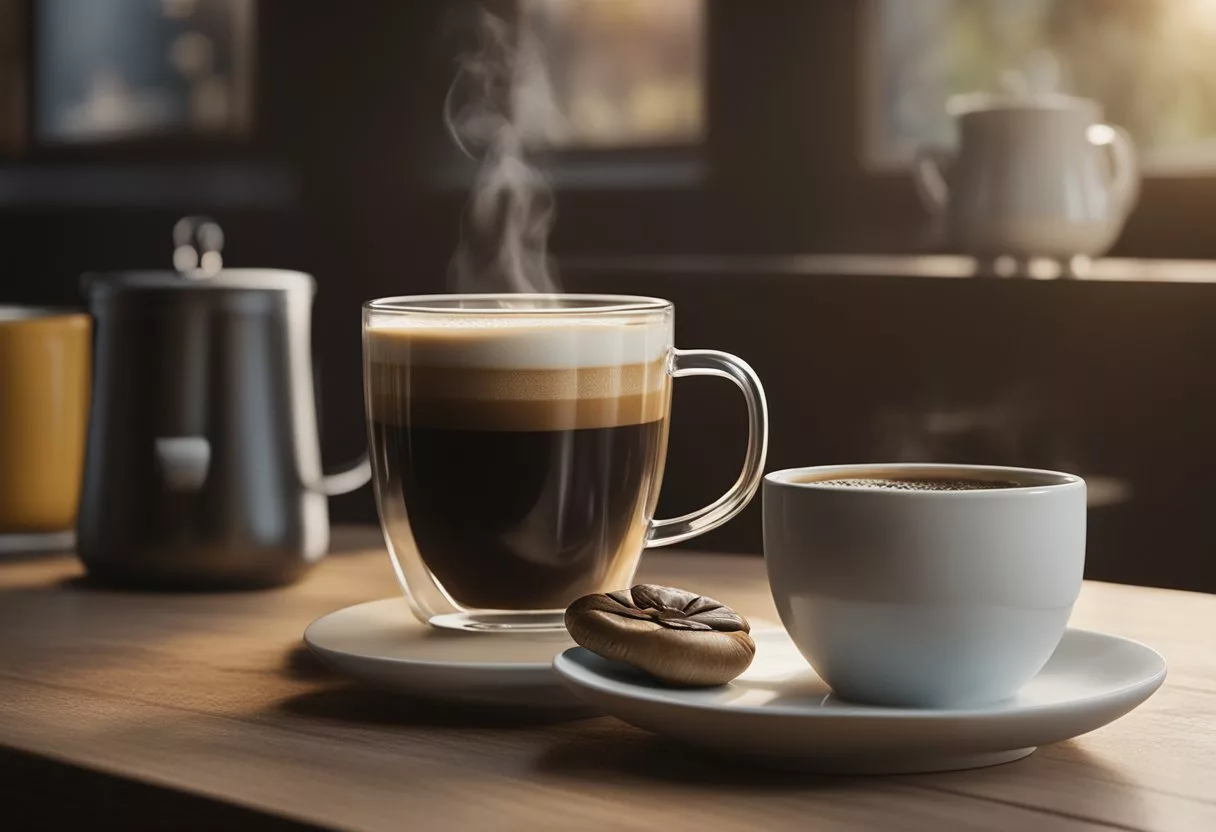 A steaming cup of traditional coffee stands next to a mug of mushroom coffee, with a scale showing the weight loss benefits