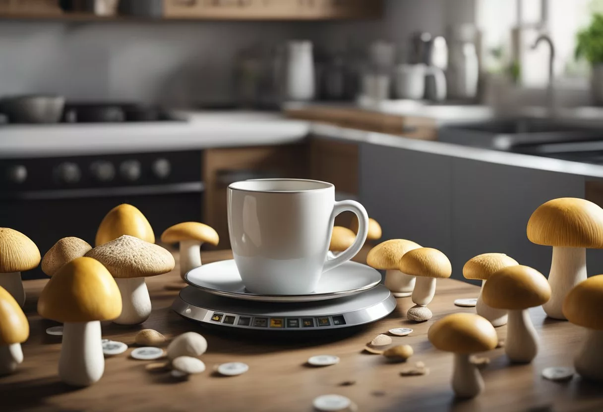A cup of mushroom coffee next to a scale, surrounded by various mushrooms and a tape measure