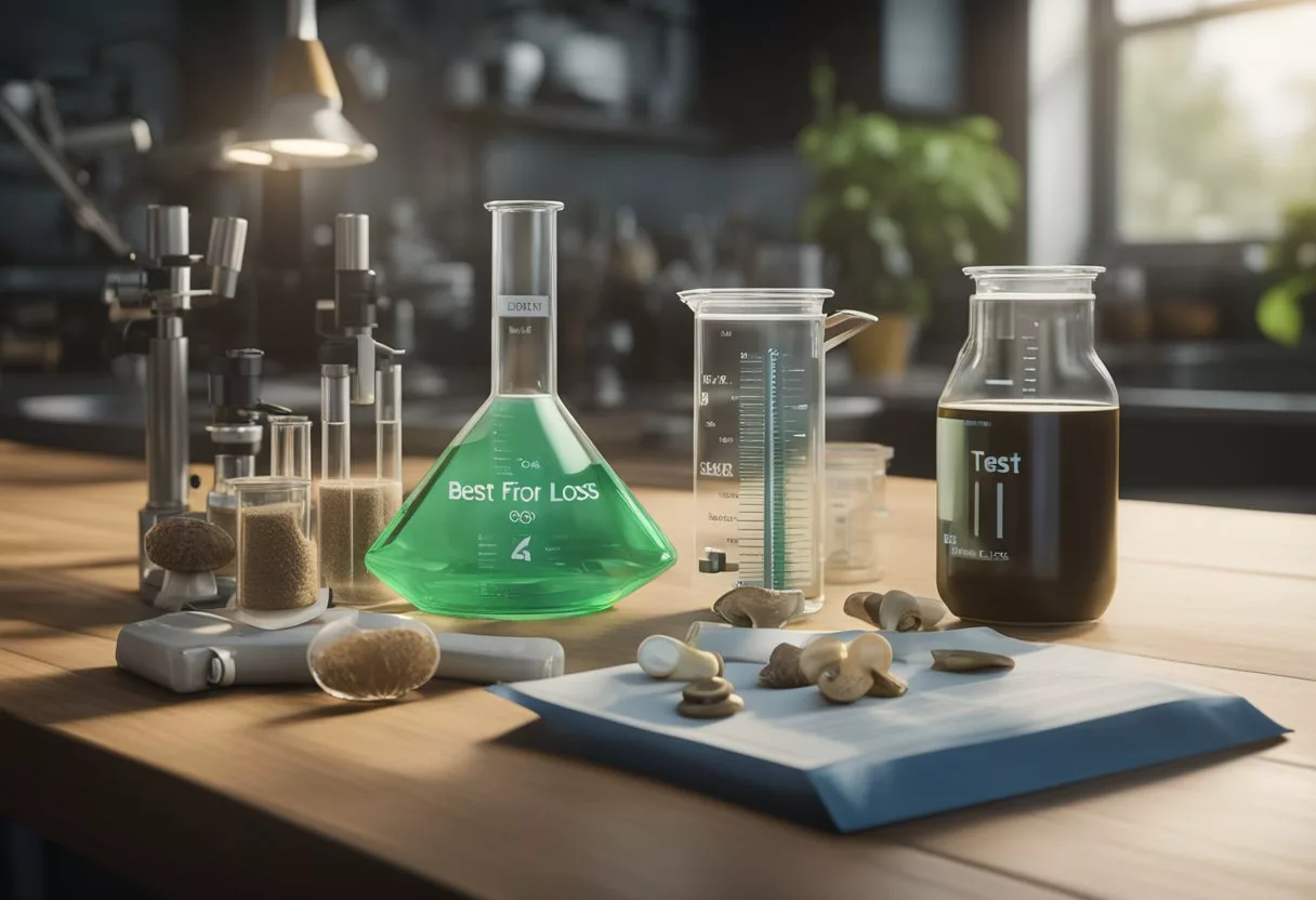 A laboratory table with beakers, test tubes, and a microscope. A bag of mushrooms labeled "best for weight loss" sits next to a cup of coffee