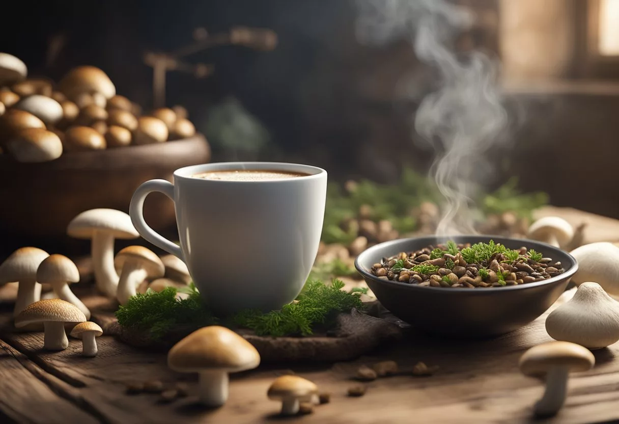 A steaming cup of mushroom coffee sits on a rustic wooden table, surrounded by fresh mushrooms and a scale, hinting at its potential for weight loss benefits