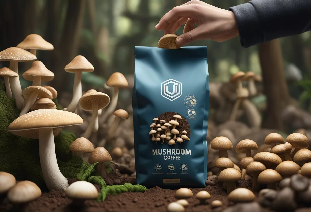 A hand reaches for a bag of mushroom coffee, surrounded by various mushroom varieties. A scale sits nearby, indicating the focus on weight loss
