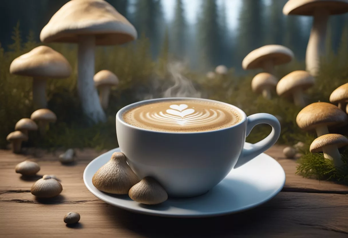 A steaming cup of mushroom coffee sits on a rustic wooden table, surrounded by fresh mushrooms and a weight scale