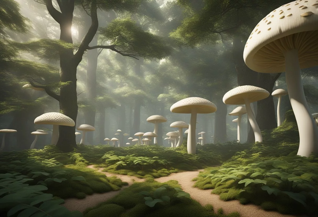 A serene forest with sustainable mushroom farming and eco-friendly packaging for weight loss coffee
