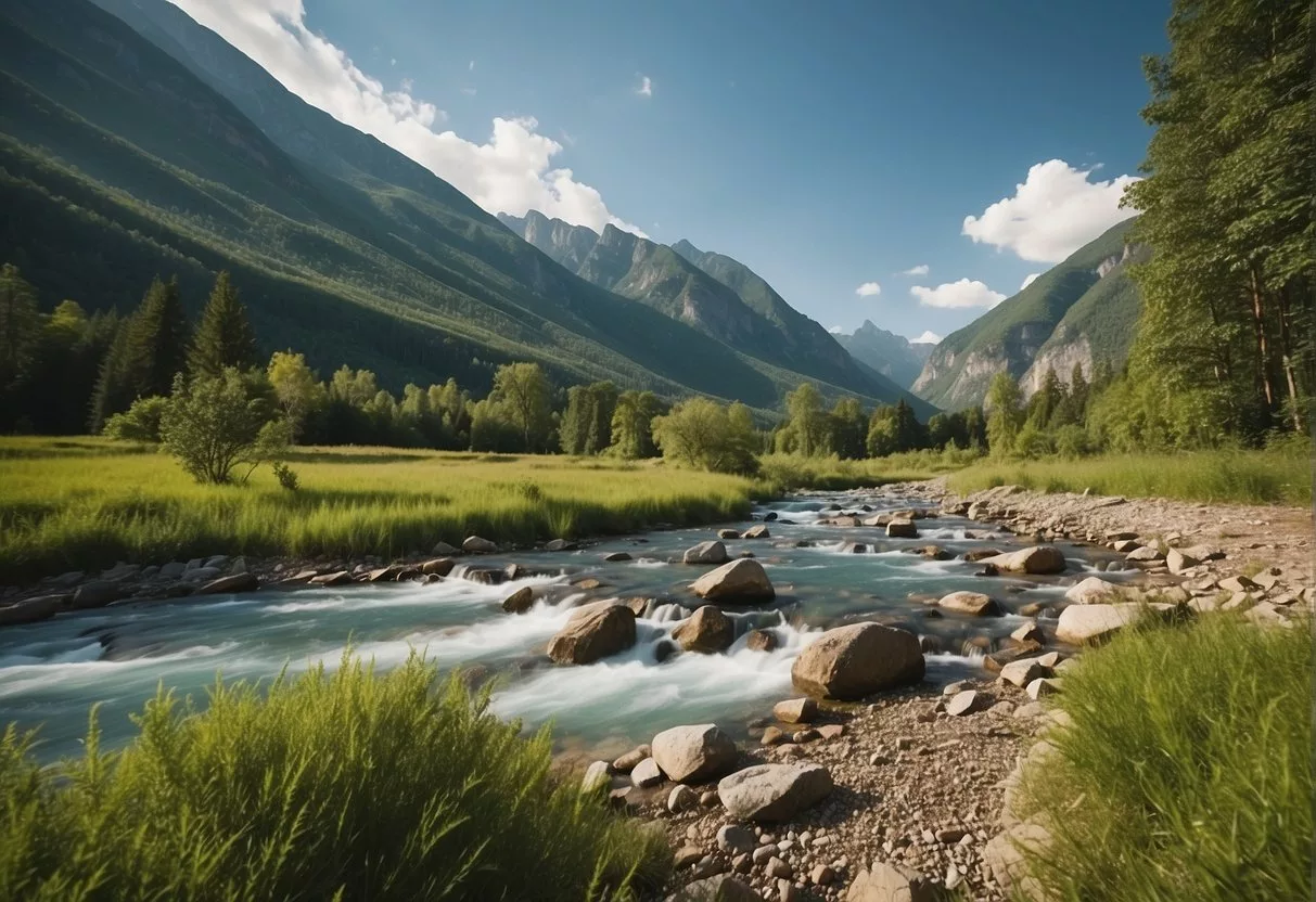 A serene landscape with mountains, rivers, and clean air. A healthy environment with lush greenery and clear skies