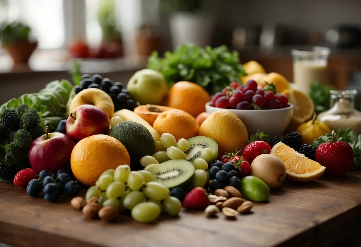 A table filled with colorful fruits, vegetables, nuts, and seeds. A variety of whole grains and lean proteins are also present. The scene exudes freshness and health