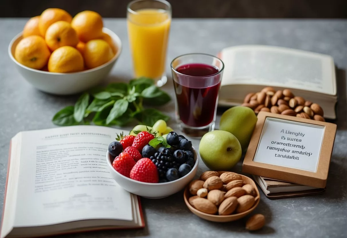 A table with various anti-inflammatory foods, such as fruits, vegetables, and nuts, surrounded by allergy-friendly recipe books and a list of frequently asked questions