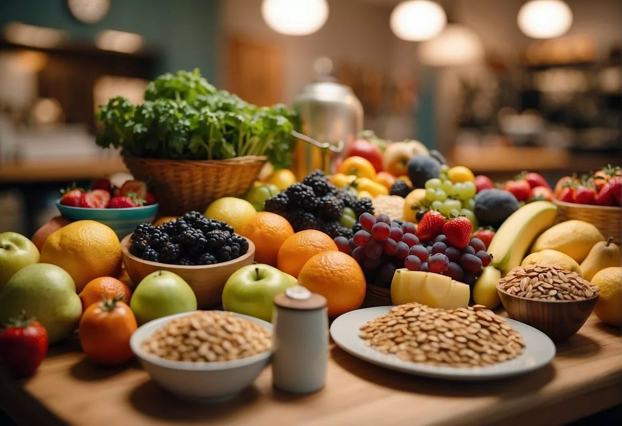 A table filled with colorful fruits, vegetables, and whole grains. A person reading a book about anti-inflammatory diets. Allergy-friendly recipes on a nearby bulletin board