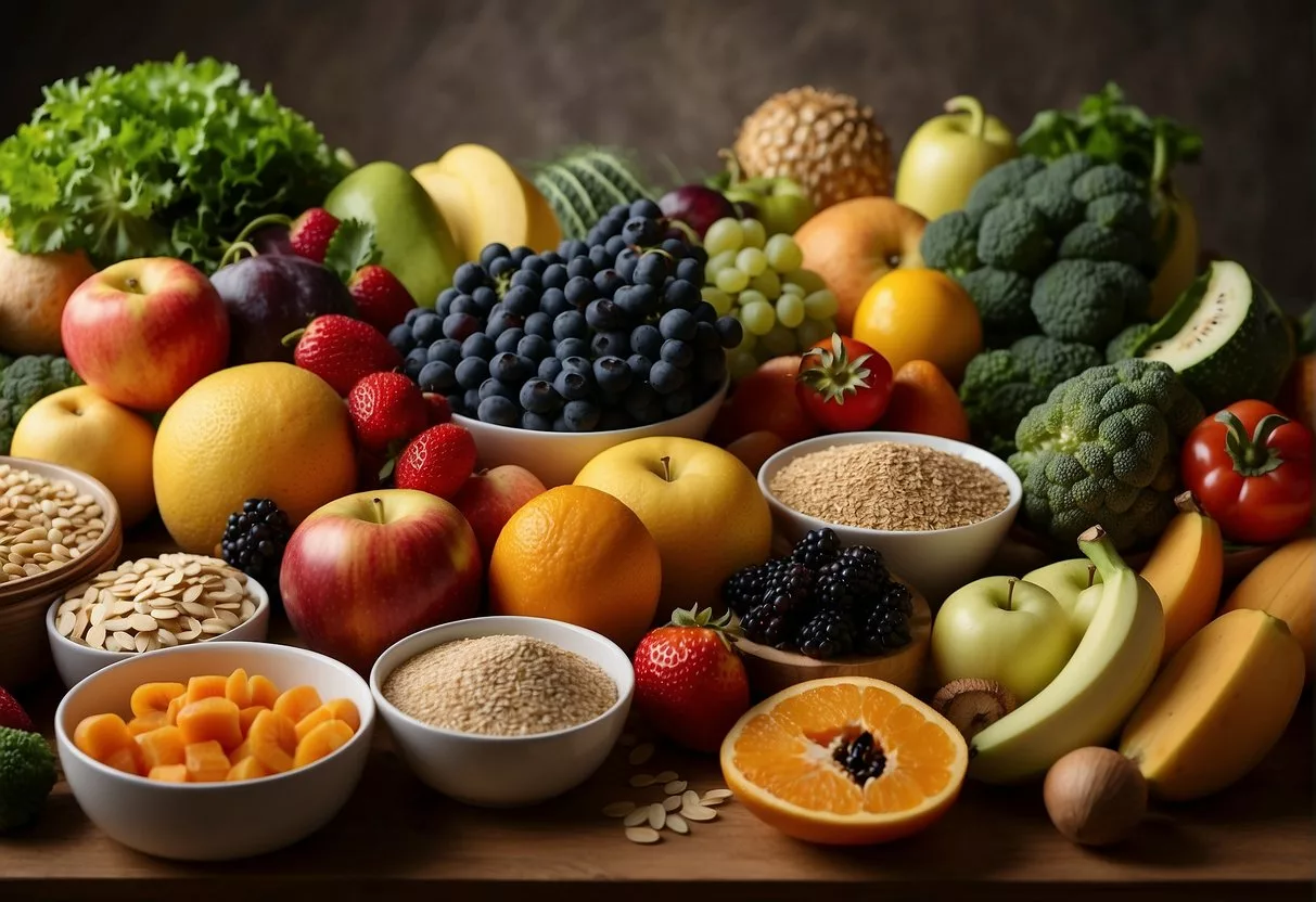 A table filled with colorful fruits, vegetables, and whole grains. A sign reads "Anti-inflammatory Diet for Allergies" with a list of benefits