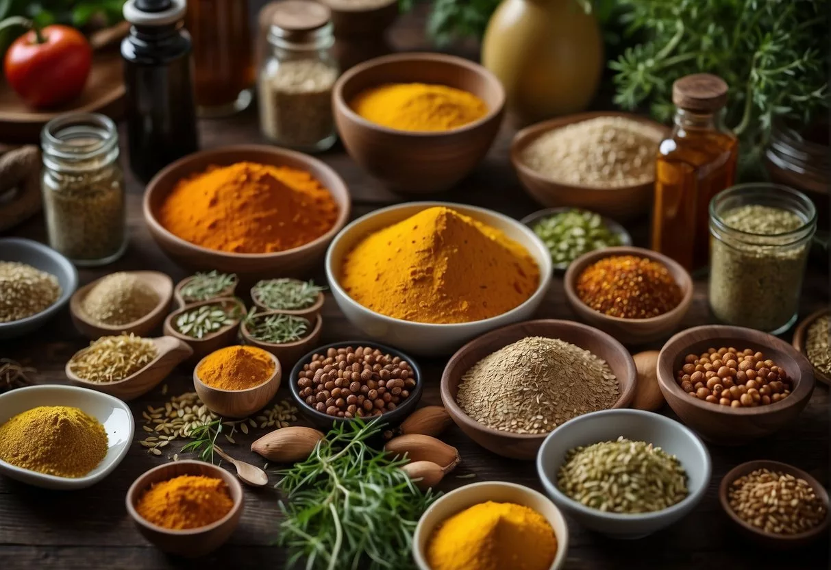 A table covered with colorful herbs, spices, and beverages, showcasing an anti-inflammatory diet for allergies