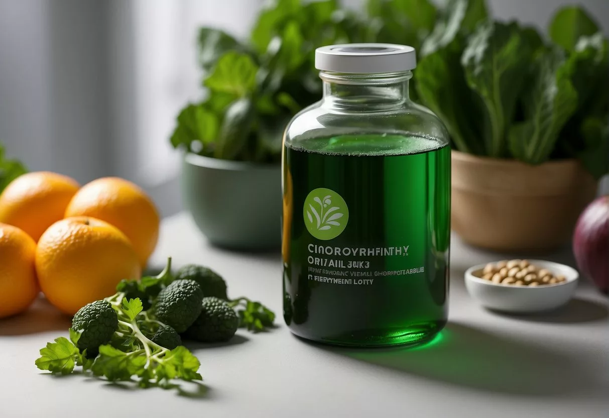 A glass of green liquid chlorophyll sits on a table, surrounded by fresh green vegetables and fruits. A bottle of chlorophyll supplements is nearby, with a warning label