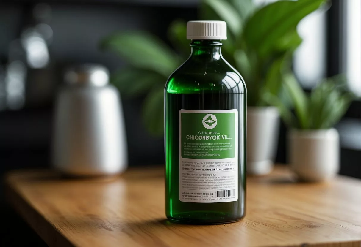 A bottle of liquid chlorophyll with dosage instructions and benefits listed, alongside a warning label for potential risks