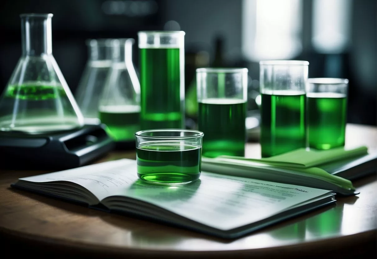 A lab table with beakers and test tubes filled with green liquid, surrounded by scientific journals and research papers on liquid chlorophyll benefits and risks
