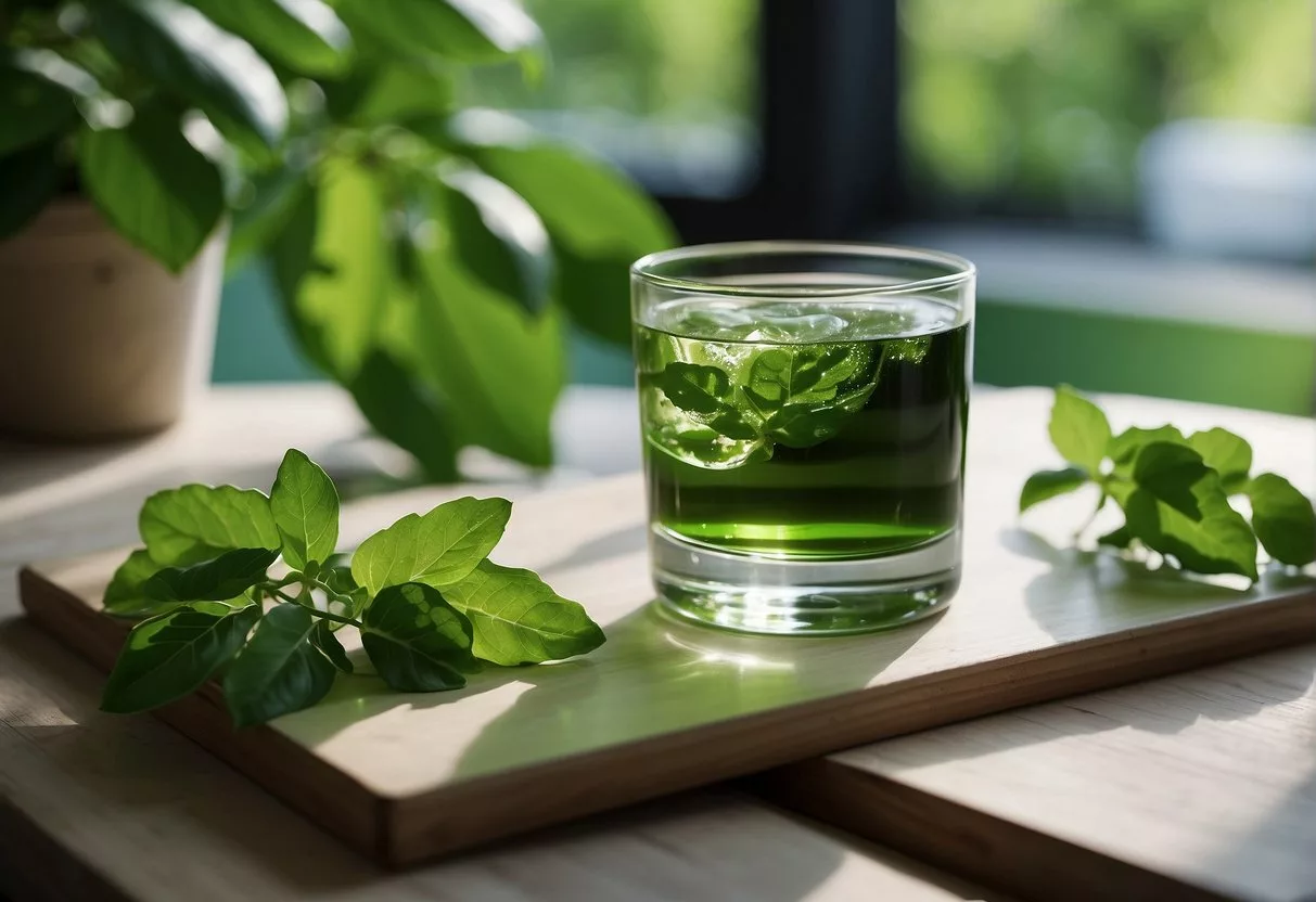 A glass of green liquid chlorophyll sits on a white table, surrounded by fresh green leaves and a clear glass of water
