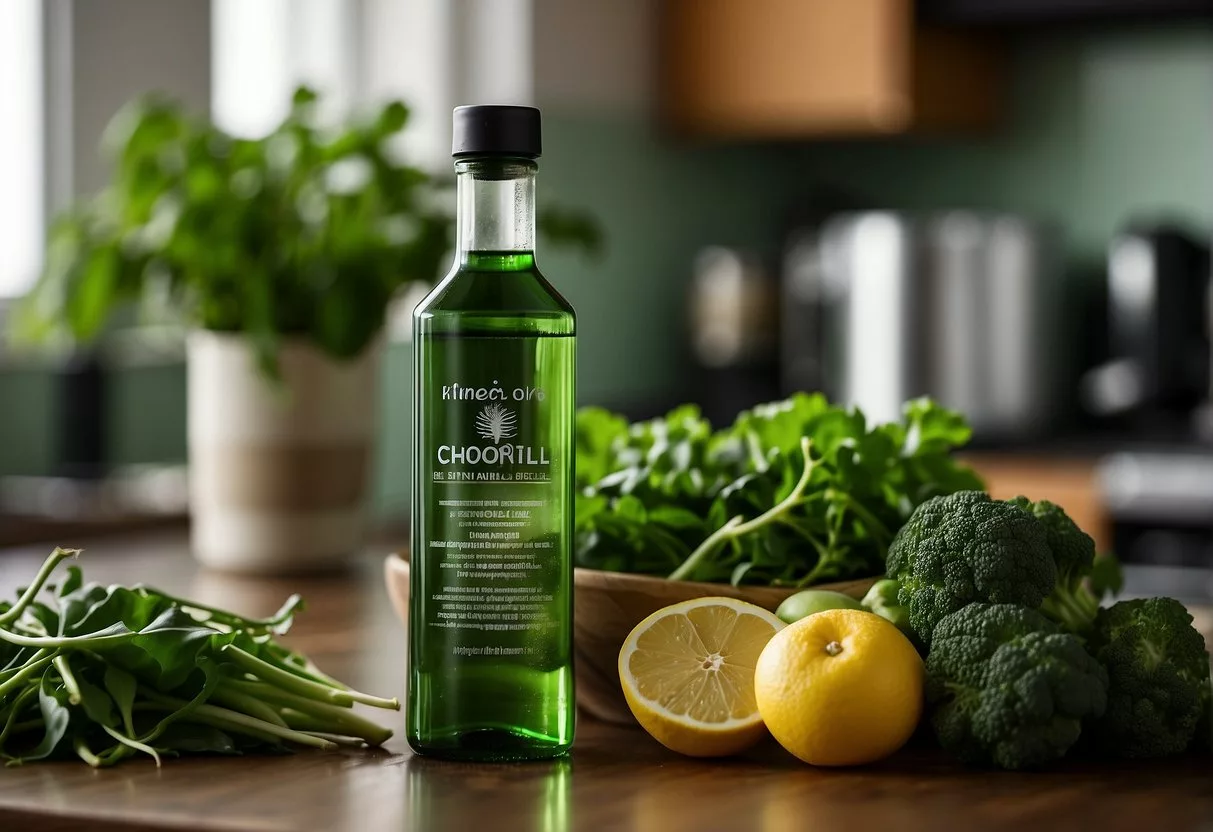 A bottle of liquid chlorophyll stands on a kitchen counter, surrounded by fresh green vegetables and a glass of water. A stack of health magazines and online articles about the benefits and risks of chlorophyll sits nearby