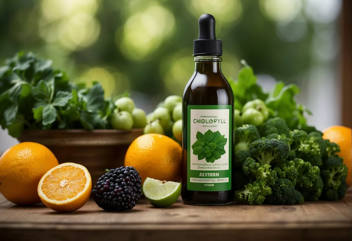 A bottle of liquid chlorophyll sits on a table, surrounded by fresh green vegetables and fruits. A nutrition label lists the benefits and risks